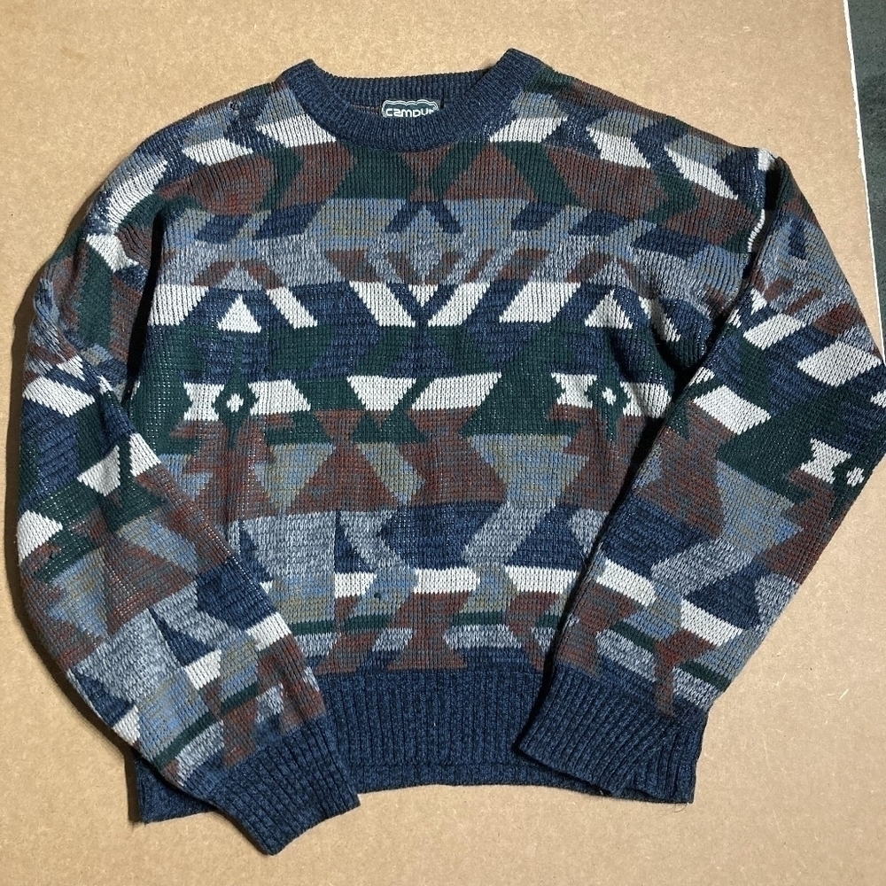 Vintage Campus 80s Knit Geometric Sweater Navy Blue Men's Large L Grandpa EUC